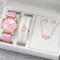 5/6PCS Fashion Women's Quartz Watch Leather Band Analog Wrist Watches Heart Rhinestone Jewelry Set(Without Box)