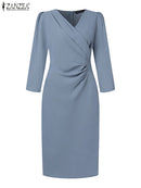 ZANZEA Women’s Elegant Bodycon Party Dress, Sexy V-Neck Knee Length Dress 3/4 Sleeve Ruched Waist, Summer Office Woman Clothes