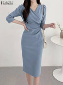 ZANZEA Women’s Elegant Bodycon Party Dress, Sexy V-Neck Knee Length Dress 3/4 Sleeve Ruched Waist, Summer Office Woman Clothes